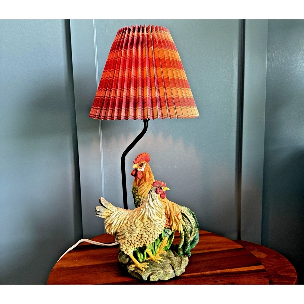 Vintage Rooster‎ and Chicken Table Lamp Plaid Shade Farmhouse Cottage 20"